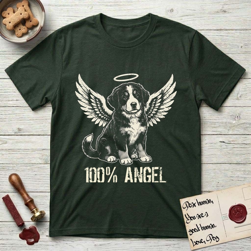 Bernese Mountain Dog T-Shirt flat lay in Forest Green, featuring Distressed cream one-color screen-print of a Bernese Mountain Dog puppy as an angel, three-quarter sitting pose with bushy tail curled, wings spread and a halo above, with 100% ANGEL lettering across the bottom.