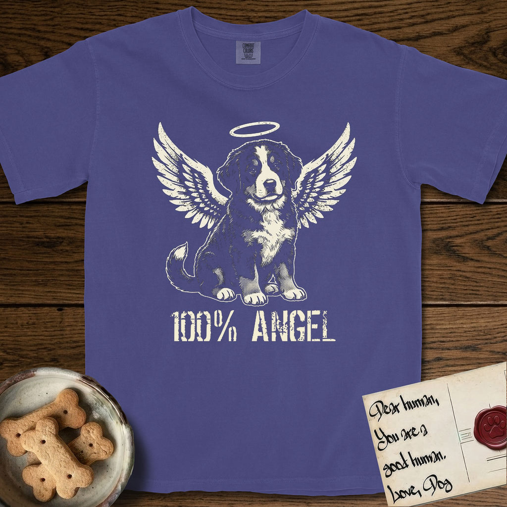 Bernese Mountain Dog T-Shirt flat lay in Grape, featuring Distressed cream one-color screen-print of a Bernese Mountain Dog puppy as an angel, three-quarter sitting pose with bushy tail curled, wings spread and a halo above, with 100% ANGEL lettering across the bottom.