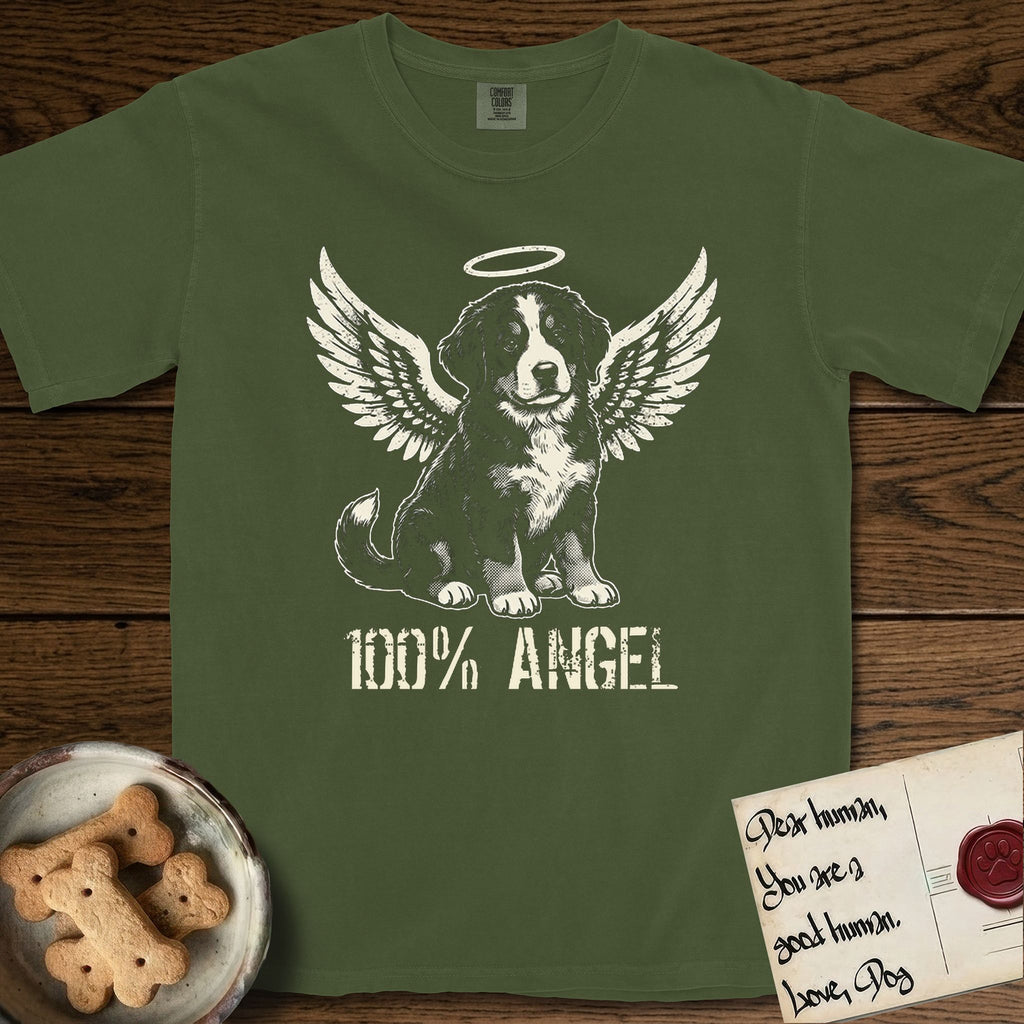 Bernese Mountain Dog T-Shirt flat lay in Hemp, featuring Distressed cream one-color screen-print of a Bernese Mountain Dog puppy as an angel, three-quarter sitting pose with bushy tail curled, wings spread and a halo above, with 100% ANGEL lettering across the bottom.