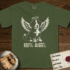 Bernese Mountain Dog T-Shirt flat lay in Hemp, featuring Distressed cream one-color screen-print of a Bernese Mountain Dog puppy as an angel, three-quarter sitting pose with bushy tail curled, wings spread and a halo above, with 100% ANGEL lettering across the bottom.