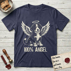 Bernese Mountain Dog T-Shirt flat lay in Navy, featuring Distressed cream one-color screen-print of a Bernese Mountain Dog puppy as an angel, three-quarter sitting pose with bushy tail curled, wings spread and a halo above, with 100% ANGEL lettering across the bottom.