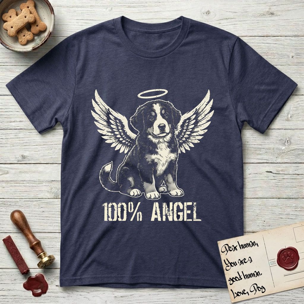 Bernese Mountain Dog T-Shirt flat lay in Navy, featuring Distressed cream one-color screen-print of a Bernese Mountain Dog puppy as an angel, three-quarter sitting pose with bushy tail curled, wings spread and a halo above, with 100% ANGEL lettering across the bottom.