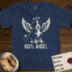 Bernese Mountain Dog T-Shirt flat lay in True Navy, featuring Distressed cream one-color screen-print of a Bernese Mountain Dog puppy as an angel, three-quarter sitting pose with bushy tail curled, wings spread and a halo above, with 100% ANGEL lettering across the bottom.