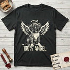 Boxer T-Shirt flat lay in Black, featuring Distressed cream one-color screen-print of a Boxer puppy as an angel, wrinkly face with a slight head tilt, wings spread and a halo above, with 100% ANGEL lettering across the bottom.