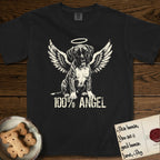 Boxer T-Shirt flat lay in Black, featuring Distressed cream one-color screen-print of a Boxer puppy as an angel, wrinkly face with a slight head tilt, wings spread and a halo above, with 100% ANGEL lettering across the bottom.