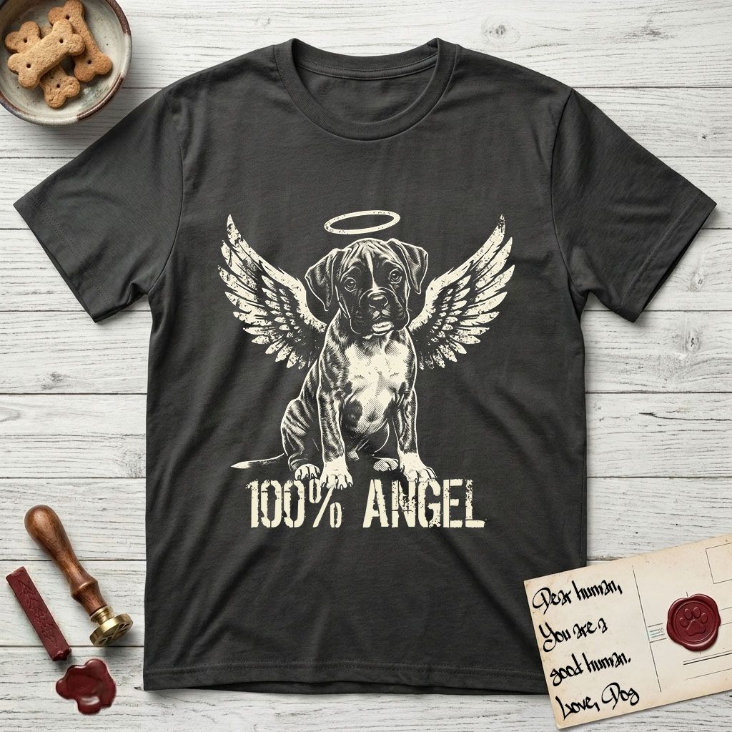 Boxer T-Shirt flat lay in Charcoal, featuring Distressed cream one-color screen-print of a Boxer puppy as an angel, wrinkly face with a slight head tilt, wings spread and a halo above, with 100% ANGEL lettering across the bottom.