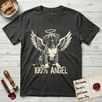 Boxer T-Shirt flat lay in Charcoal, featuring Distressed cream one-color screen-print of a Boxer puppy as an angel, wrinkly face with a slight head tilt, wings spread and a halo above, with 100% ANGEL lettering across the bottom.