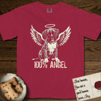 Boxer T-Shirt flat lay in Chili, featuring Distressed cream one-color screen-print of a Boxer puppy as an angel, wrinkly face with a slight head tilt, wings spread and a halo above, with 100% ANGEL lettering across the bottom.