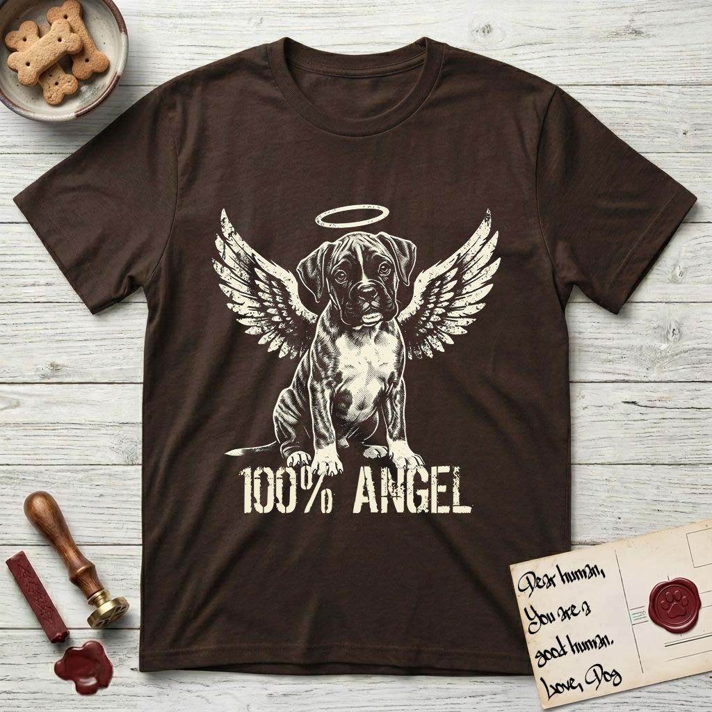 Boxer T-Shirt flat lay in Dark Chocolate, featuring Distressed cream one-color screen-print of a Boxer puppy as an angel, wrinkly face with a slight head tilt, wings spread and a halo above, with 100% ANGEL lettering across the bottom.