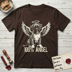 Boxer T-Shirt flat lay in Dark Chocolate, featuring Distressed cream one-color screen-print of a Boxer puppy as an angel, wrinkly face with a slight head tilt, wings spread and a halo above, with 100% ANGEL lettering across the bottom.