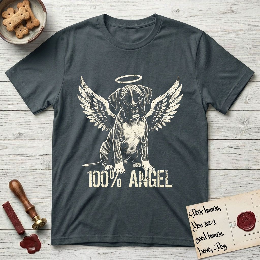 Boxer T-Shirt flat lay in Dark Heather Grey, featuring Distressed cream one-color screen-print of a Boxer puppy as an angel, wrinkly face with a slight head tilt, wings spread and a halo above, with 100% ANGEL lettering across the bottom.