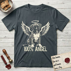 Boxer T-Shirt flat lay in Dark Heather Grey, featuring Distressed cream one-color screen-print of a Boxer puppy as an angel, wrinkly face with a slight head tilt, wings spread and a halo above, with 100% ANGEL lettering across the bottom.