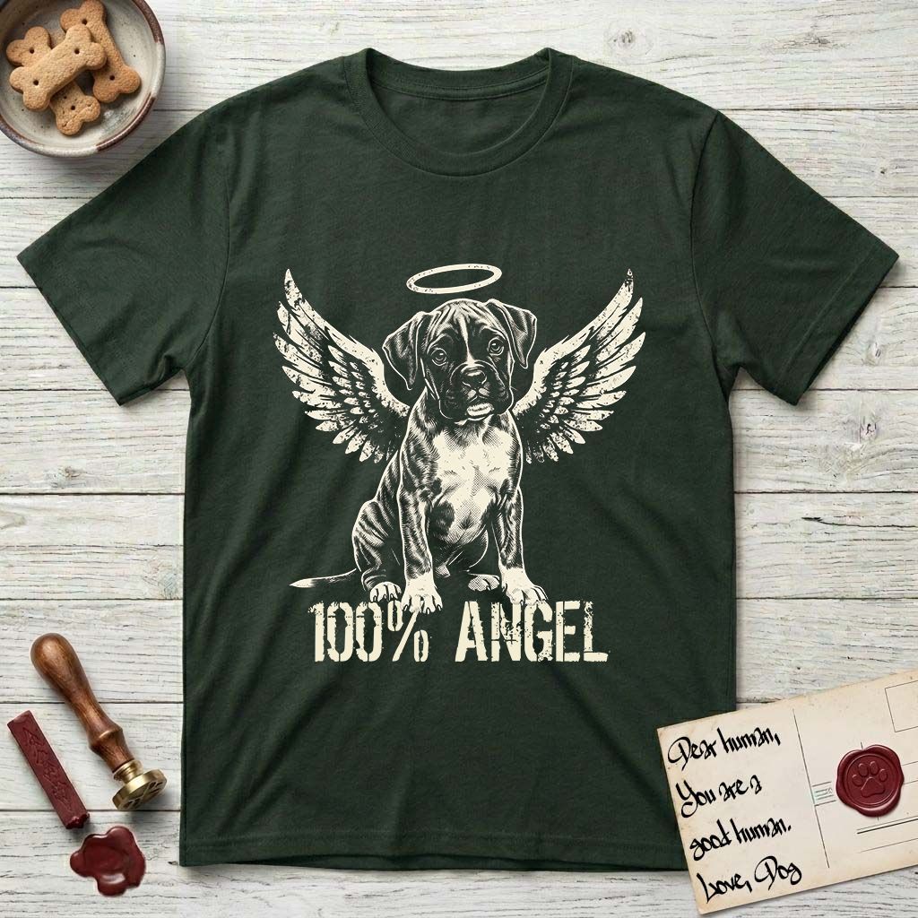 Boxer T-Shirt flat lay in Forest Green, featuring Distressed cream one-color screen-print of a Boxer puppy as an angel, wrinkly face with a slight head tilt, wings spread and a halo above, with 100% ANGEL lettering across the bottom.