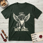 Boxer T-Shirt flat lay in Forest Green, featuring Distressed cream one-color screen-print of a Boxer puppy as an angel, wrinkly face with a slight head tilt, wings spread and a halo above, with 100% ANGEL lettering across the bottom.