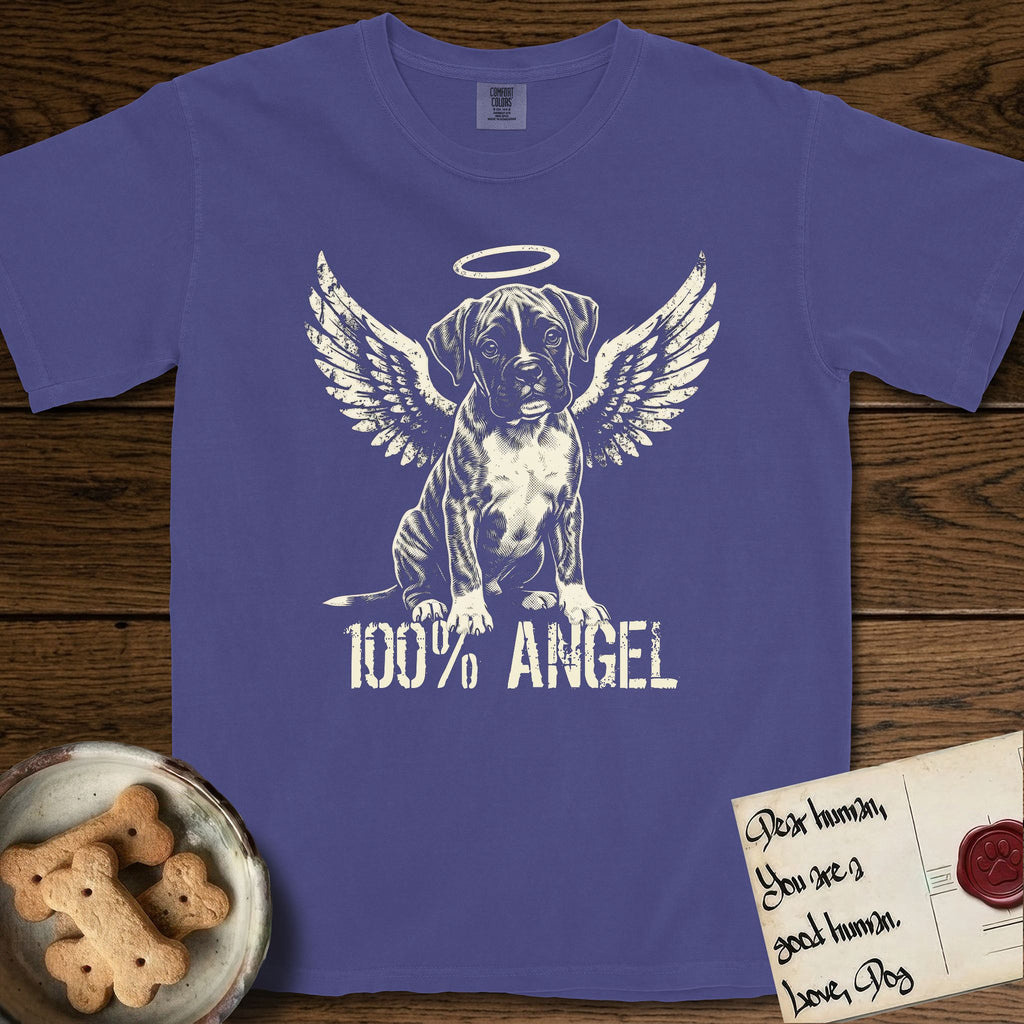 Boxer T-Shirt flat lay in Grape, featuring Distressed cream one-color screen-print of a Boxer puppy as an angel, wrinkly face with a slight head tilt, wings spread and a halo above, with 100% ANGEL lettering across the bottom.