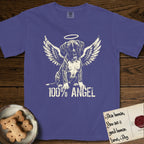 Boxer T-Shirt flat lay in Grape, featuring Distressed cream one-color screen-print of a Boxer puppy as an angel, wrinkly face with a slight head tilt, wings spread and a halo above, with 100% ANGEL lettering across the bottom.