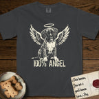 Boxer T-Shirt flat lay in Graphite, featuring Distressed cream one-color screen-print of a Boxer puppy as an angel, wrinkly face with a slight head tilt, wings spread and a halo above, with 100% ANGEL lettering across the bottom.
