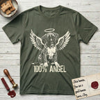 Boxer T-Shirt flat lay in Heather Military Green, featuring Distressed cream one-color screen-print of a Boxer puppy as an angel, wrinkly face with a slight head tilt, wings spread and a halo above, with 100% ANGEL lettering across the bottom.