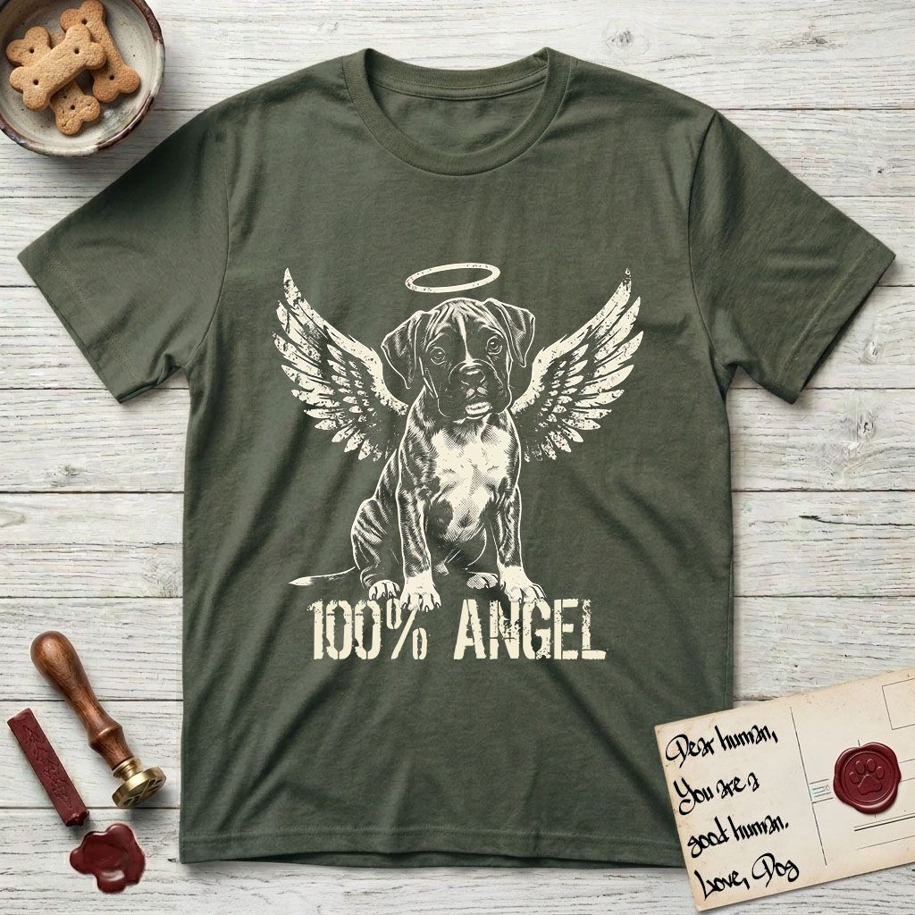 Boxer T-Shirt flat lay in Heather Military Green, featuring Distressed cream one-color screen-print of a Boxer puppy as an angel, wrinkly face with a slight head tilt, wings spread and a halo above, with 100% ANGEL lettering across the bottom.