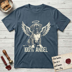 Boxer T-Shirt flat lay in Indigo Blue, featuring Distressed cream one-color screen-print of a Boxer puppy as an angel, wrinkly face with a slight head tilt, wings spread and a halo above, with 100% ANGEL lettering across the bottom.