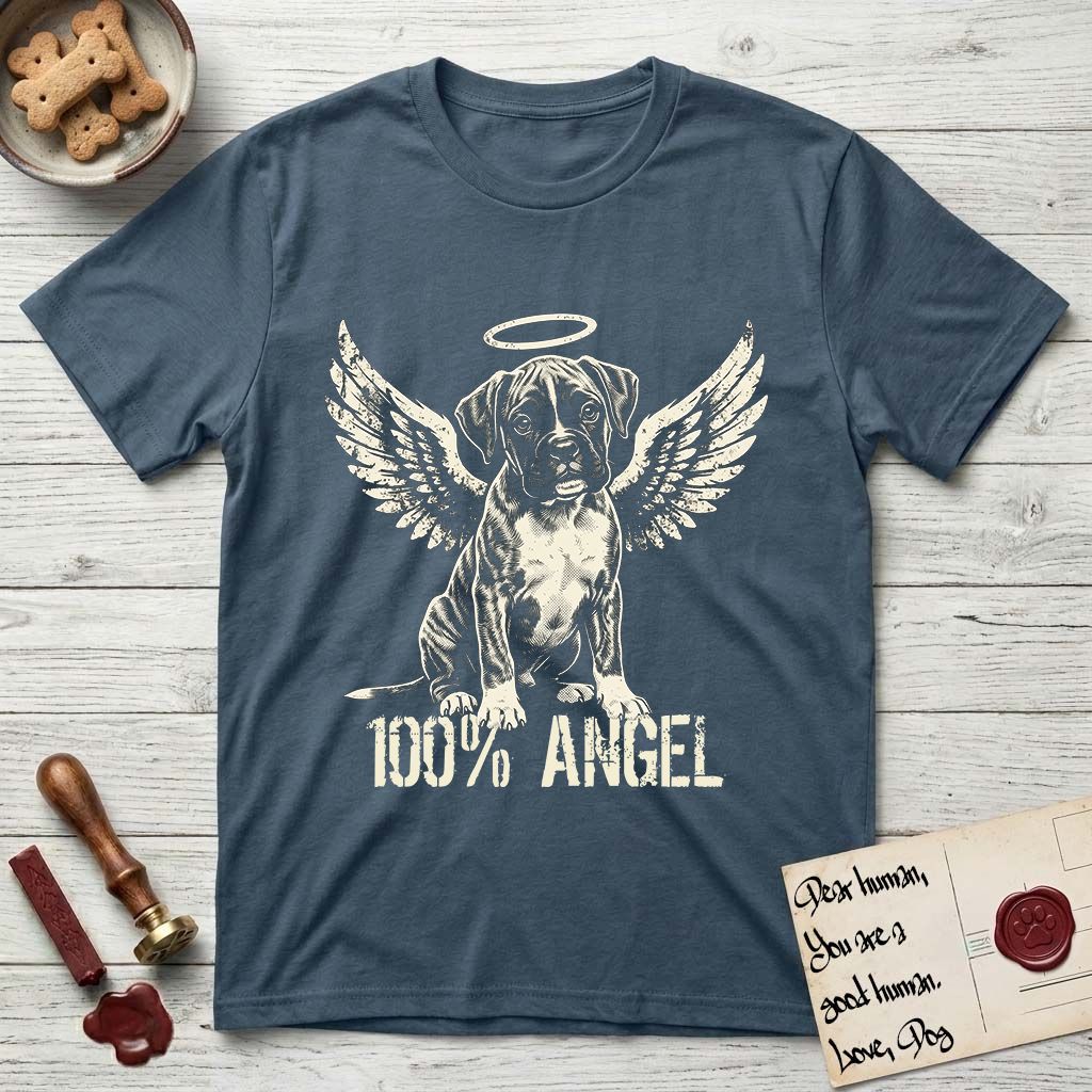 Boxer T-Shirt flat lay in Indigo Blue, featuring Distressed cream one-color screen-print of a Boxer puppy as an angel, wrinkly face with a slight head tilt, wings spread and a halo above, with 100% ANGEL lettering across the bottom.