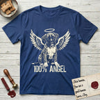 Boxer T-Shirt flat lay in Royal, featuring Distressed cream one-color screen-print of a Boxer puppy as an angel, wrinkly face with a slight head tilt, wings spread and a halo above, with 100% ANGEL lettering across the bottom.