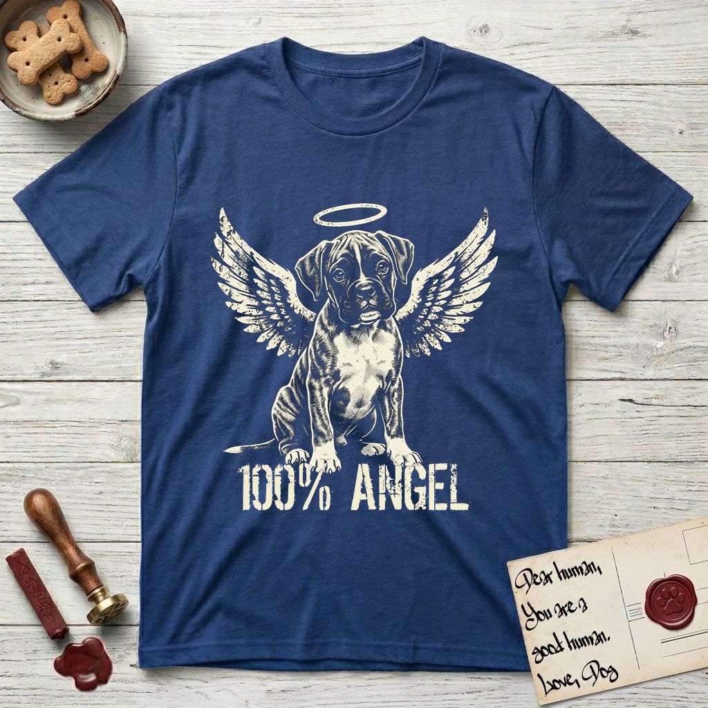 Boxer T-Shirt flat lay in Royal, featuring Distressed cream one-color screen-print of a Boxer puppy as an angel, wrinkly face with a slight head tilt, wings spread and a halo above, with 100% ANGEL lettering across the bottom.