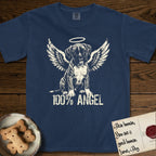 Boxer T-Shirt flat lay in True Navy, featuring Distressed cream one-color screen-print of a Boxer puppy as an angel, wrinkly face with a slight head tilt, wings spread and a halo above, with 100% ANGEL lettering across the bottom.