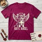Corgi T-Shirt flat lay in Antique Heliconia, featuring Distressed cream one-color screen-print of a Pembroke Welsh Corgi puppy as an angel, big erect ears and short legs, wings spread and a halo above, with 100% ANGEL lettering across the bottom.