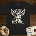 Corgi T-Shirt flat lay in Black, featuring Distressed cream one-color screen-print of a Pembroke Welsh Corgi puppy as an angel, big erect ears and short legs, wings spread and a halo above, with 100% ANGEL lettering across the bottom.