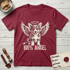 Corgi T-Shirt flat lay in Cardinal Red, featuring Distressed cream one-color screen-print of a Pembroke Welsh Corgi puppy as an angel, big erect ears and short legs, wings spread and a halo above, with 100% ANGEL lettering across the bottom.