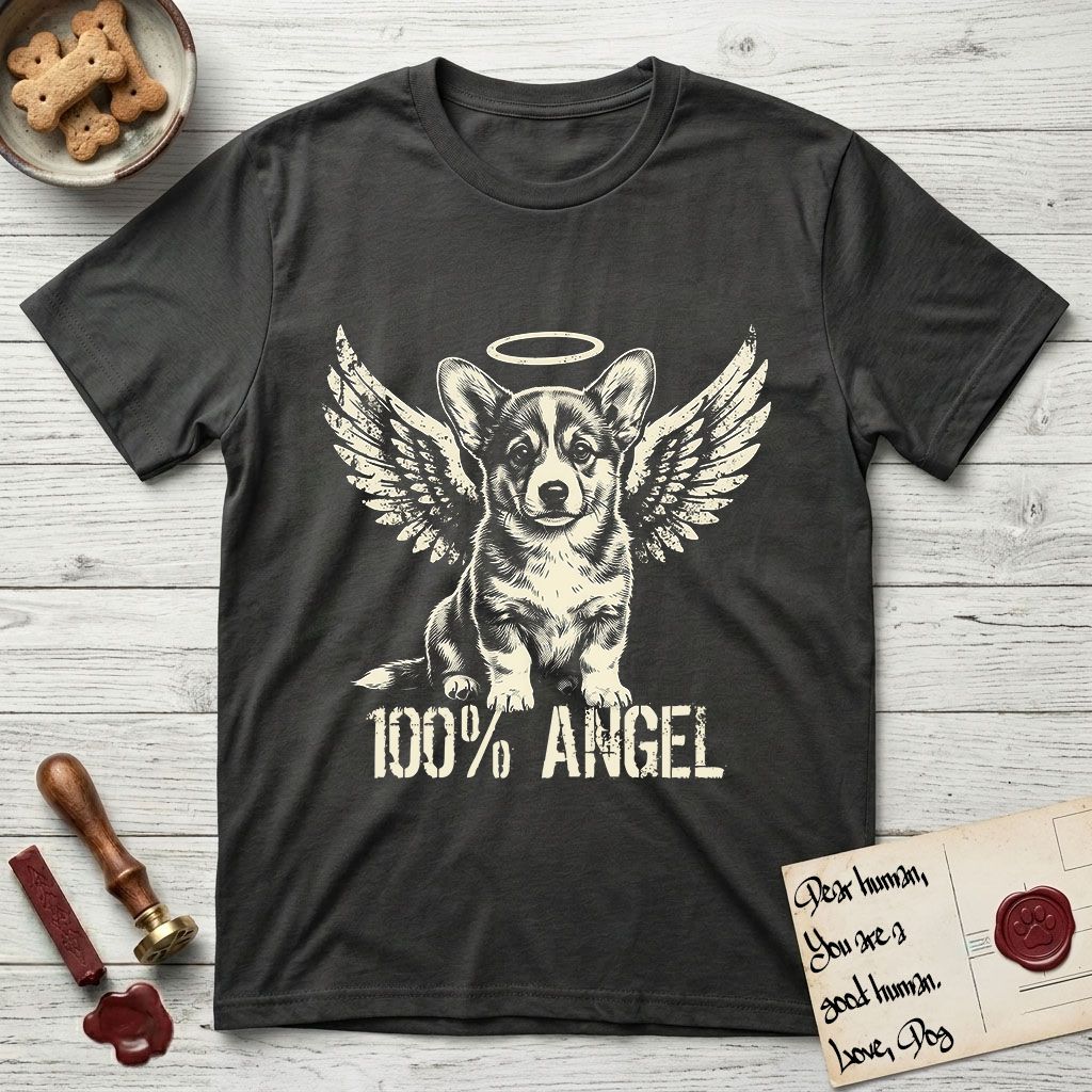 Corgi T-Shirt flat lay in Charcoal, featuring Distressed cream one-color screen-print of a Pembroke Welsh Corgi puppy as an angel, big erect ears and short legs, wings spread and a halo above, with 100% ANGEL lettering across the bottom.
