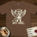 Corgi T-Shirt flat lay in Espresso, featuring Distressed cream one-color screen-print of a Pembroke Welsh Corgi puppy as an angel, big erect ears and short legs, wings spread and a halo above, with 100% ANGEL lettering across the bottom.