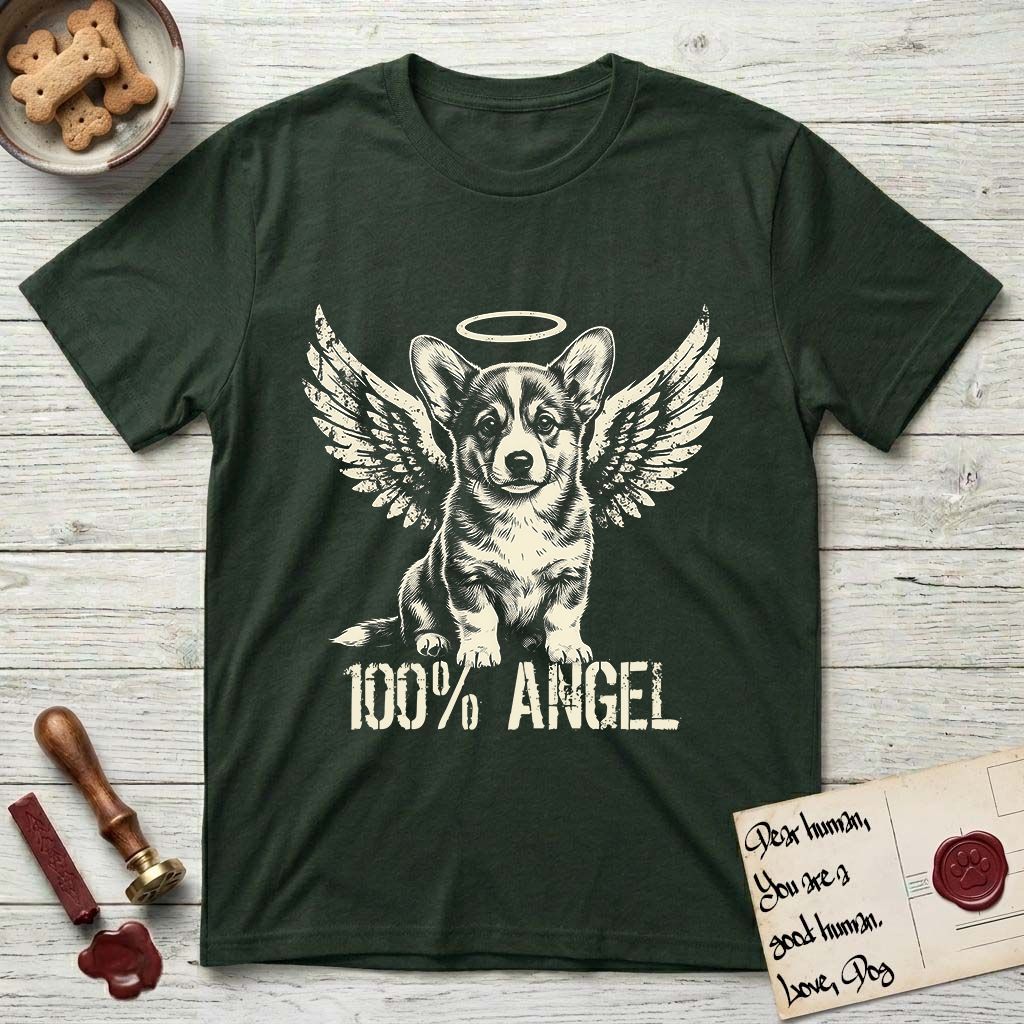 Corgi T-Shirt flat lay in Forest Green, featuring Distressed cream one-color screen-print of a Pembroke Welsh Corgi puppy as an angel, big erect ears and short legs, wings spread and a halo above, with 100% ANGEL lettering across the bottom.