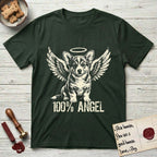 Corgi T-Shirt flat lay in Forest Green, featuring Distressed cream one-color screen-print of a Pembroke Welsh Corgi puppy as an angel, big erect ears and short legs, wings spread and a halo above, with 100% ANGEL lettering across the bottom.