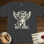 Corgi T-Shirt flat lay in Graphite, featuring Distressed cream one-color screen-print of a Pembroke Welsh Corgi puppy as an angel, big erect ears and short legs, wings spread and a halo above, with 100% ANGEL lettering across the bottom.