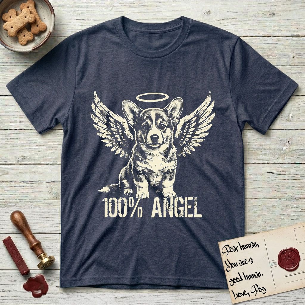 Corgi T-Shirt flat lay in Heather Navy, featuring Distressed cream one-color screen-print of a Pembroke Welsh Corgi puppy as an angel, big erect ears and short legs, wings spread and a halo above, with 100% ANGEL lettering across the bottom.