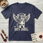 Corgi T-Shirt flat lay in Navy, featuring Distressed cream one-color screen-print of a Pembroke Welsh Corgi puppy as an angel, big erect ears and short legs, wings spread and a halo above, with 100% ANGEL lettering across the bottom.