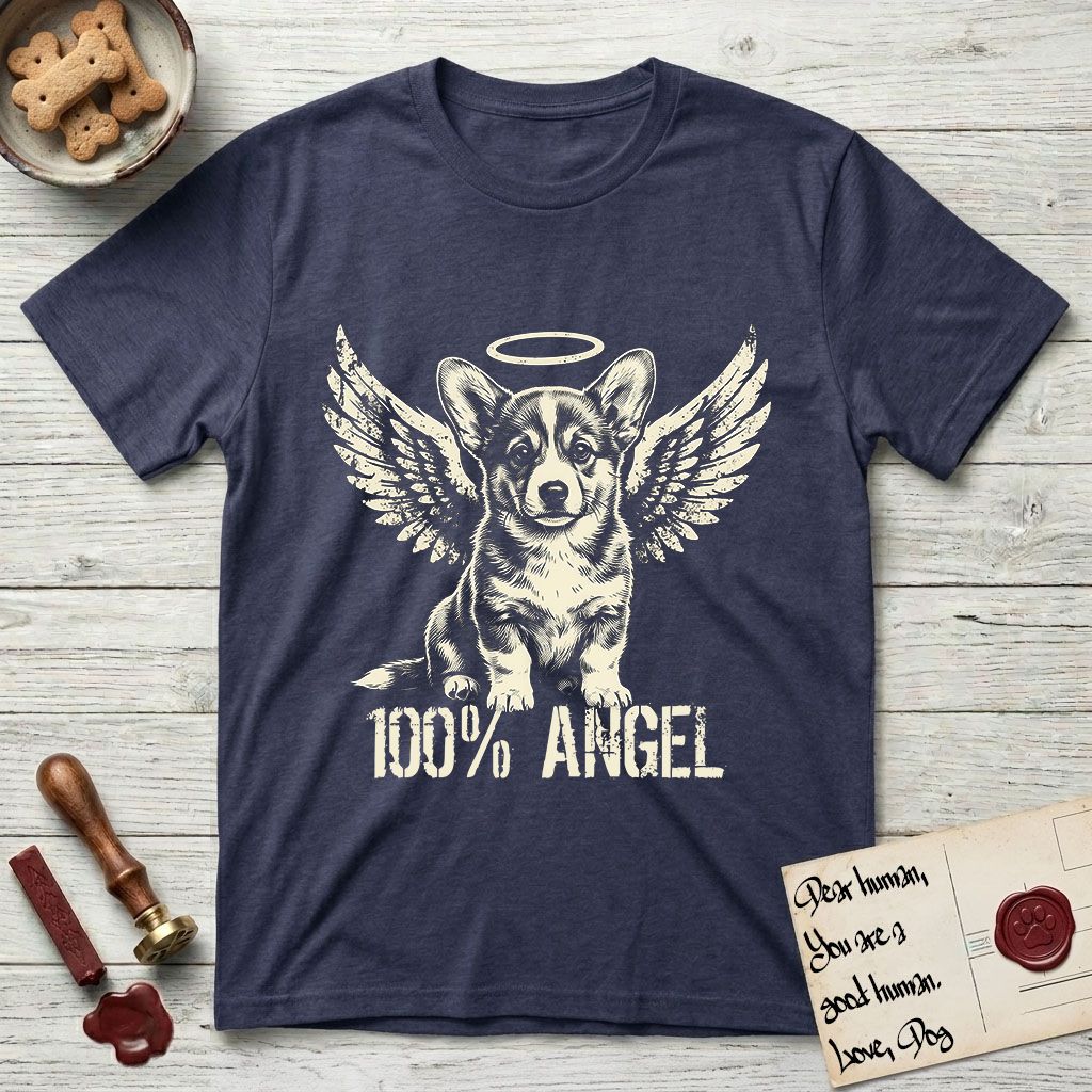 Corgi T-Shirt flat lay in Navy, featuring Distressed cream one-color screen-print of a Pembroke Welsh Corgi puppy as an angel, big erect ears and short legs, wings spread and a halo above, with 100% ANGEL lettering across the bottom.