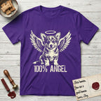 Corgi T-Shirt flat lay in Purple, featuring Distressed cream one-color screen-print of a Pembroke Welsh Corgi puppy as an angel, big erect ears and short legs, wings spread and a halo above, with 100% ANGEL lettering across the bottom.