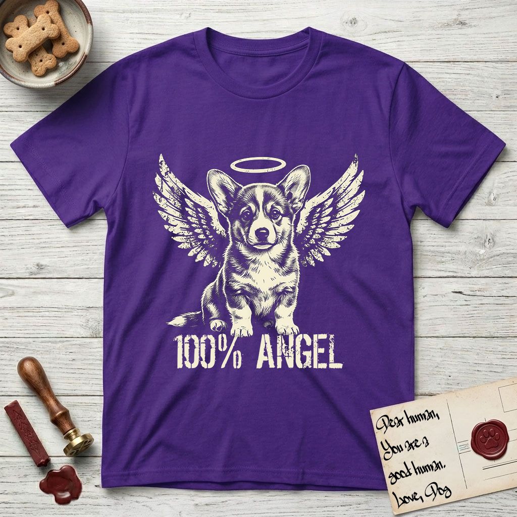 Corgi T-Shirt flat lay in Purple, featuring Distressed cream one-color screen-print of a Pembroke Welsh Corgi puppy as an angel, big erect ears and short legs, wings spread and a halo above, with 100% ANGEL lettering across the bottom.