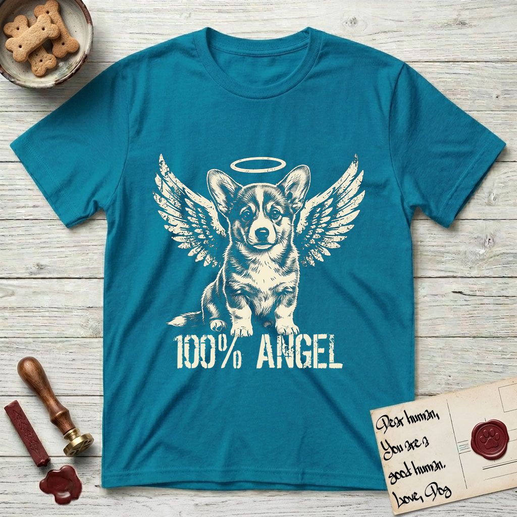 Corgi T-Shirt flat lay in Tropical Blue, featuring Distressed cream one-color screen-print of a Pembroke Welsh Corgi puppy as an angel, big erect ears and short legs, wings spread and a halo above, with 100% ANGEL lettering across the bottom.