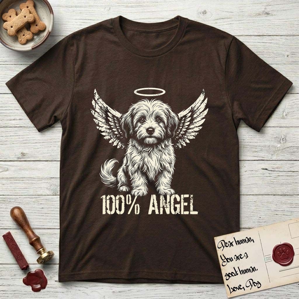 Coton de Tulear T-Shirt flat lay in Dark Chocolate, featuring Distressed cream one-color screen-print of a fluffy white Coton de Tulear puppy as an angel, plumed tail curled beside him, wings spread and a halo above, with 100% ANGEL lettering across the bottom.