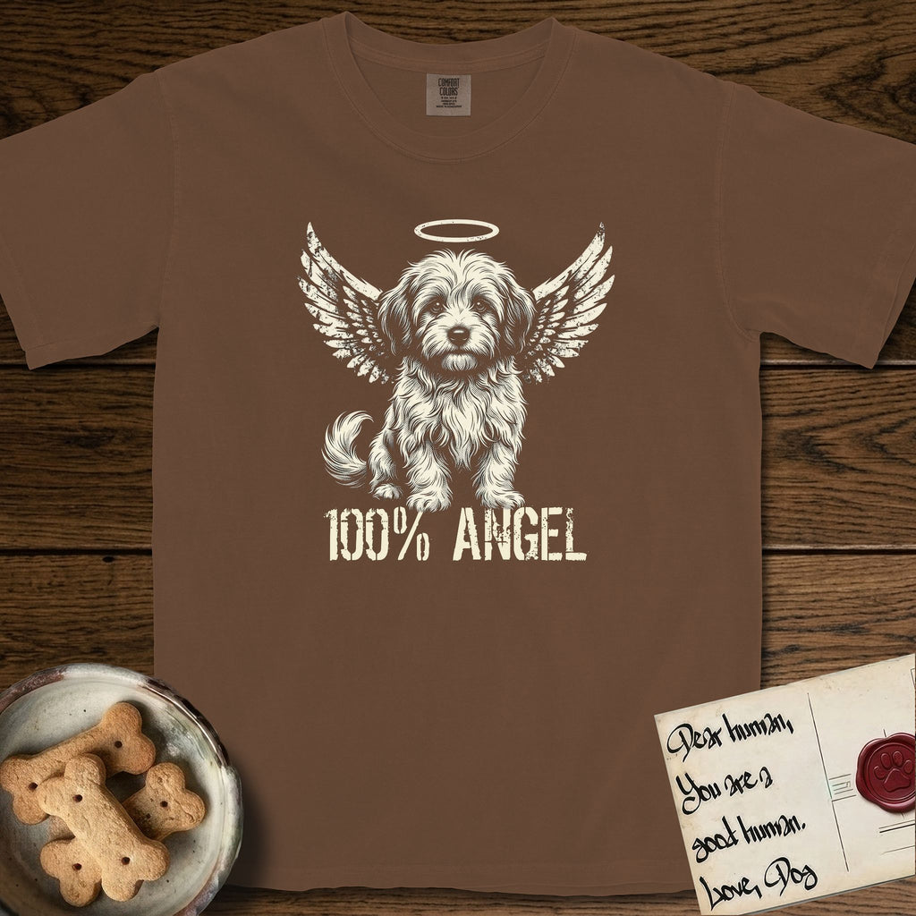 Coton de Tulear T-Shirt flat lay in Espresso, featuring Distressed cream one-color screen-print of a fluffy white Coton de Tulear puppy as an angel, plumed tail curled beside him, wings spread and a halo above, with 100% ANGEL lettering across the bottom.