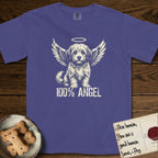 Coton de Tulear T-Shirt flat lay in Grape, featuring Distressed cream one-color screen-print of a fluffy white Coton de Tulear puppy as an angel, plumed tail curled beside him, wings spread and a halo above, with 100% ANGEL lettering across the bottom.