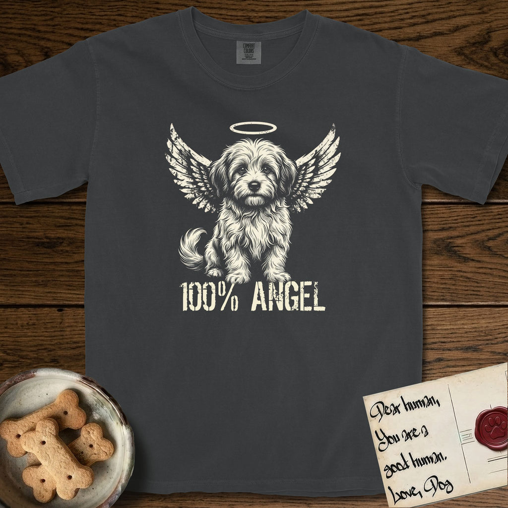 Coton de Tulear T-Shirt flat lay in Graphite, featuring Distressed cream one-color screen-print of a fluffy white Coton de Tulear puppy as an angel, plumed tail curled beside him, wings spread and a halo above, with 100% ANGEL lettering across the bottom.