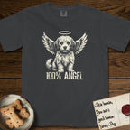 Coton de Tulear T-Shirt flat lay in Graphite, featuring Distressed cream one-color screen-print of a fluffy white Coton de Tulear puppy as an angel, plumed tail curled beside him, wings spread and a halo above, with 100% ANGEL lettering across the bottom.