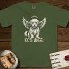 Coton de Tulear T-Shirt flat lay in Hemp, featuring Distressed cream one-color screen-print of a fluffy white Coton de Tulear puppy as an angel, plumed tail curled beside him, wings spread and a halo above, with 100% ANGEL lettering across the bottom.