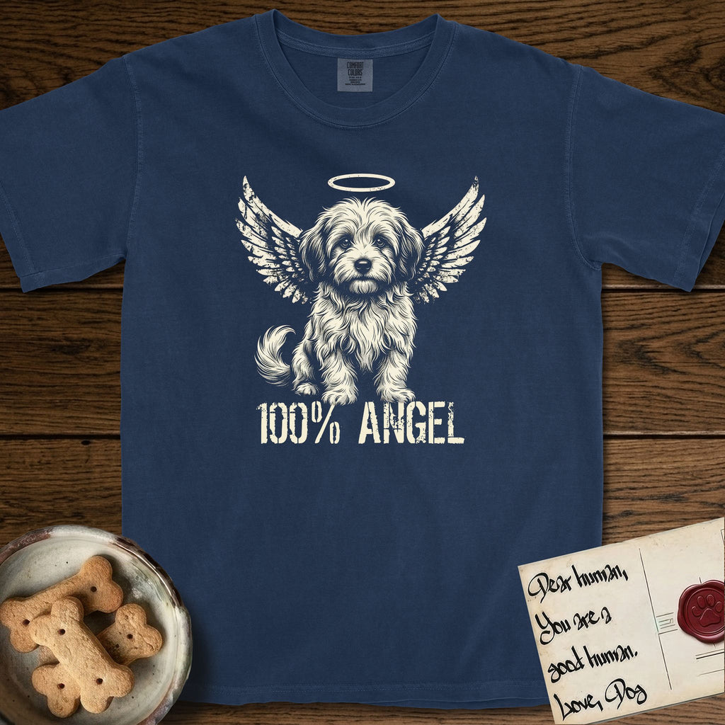Coton de Tulear T-Shirt flat lay in True Navy, featuring Distressed cream one-color screen-print of a fluffy white Coton de Tulear puppy as an angel, plumed tail curled beside him, wings spread and a halo above, with 100% ANGEL lettering across the bottom.