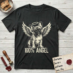 French Bulldog T-Shirt flat lay in Black, featuring Distressed cream one-color screen-print of a French Bulldog puppy as an angel, head cocked to one side, wings spread and a halo above, with 100% ANGEL lettering across the bottom.